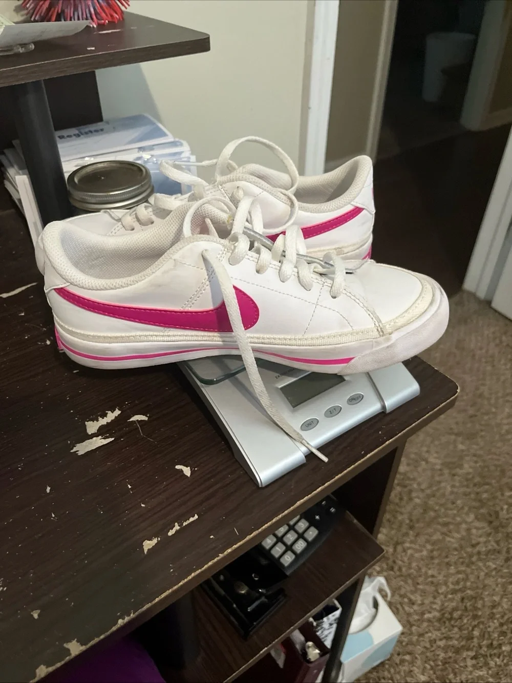 Nike Kids White Sneakers with Hot Pink Swoosh